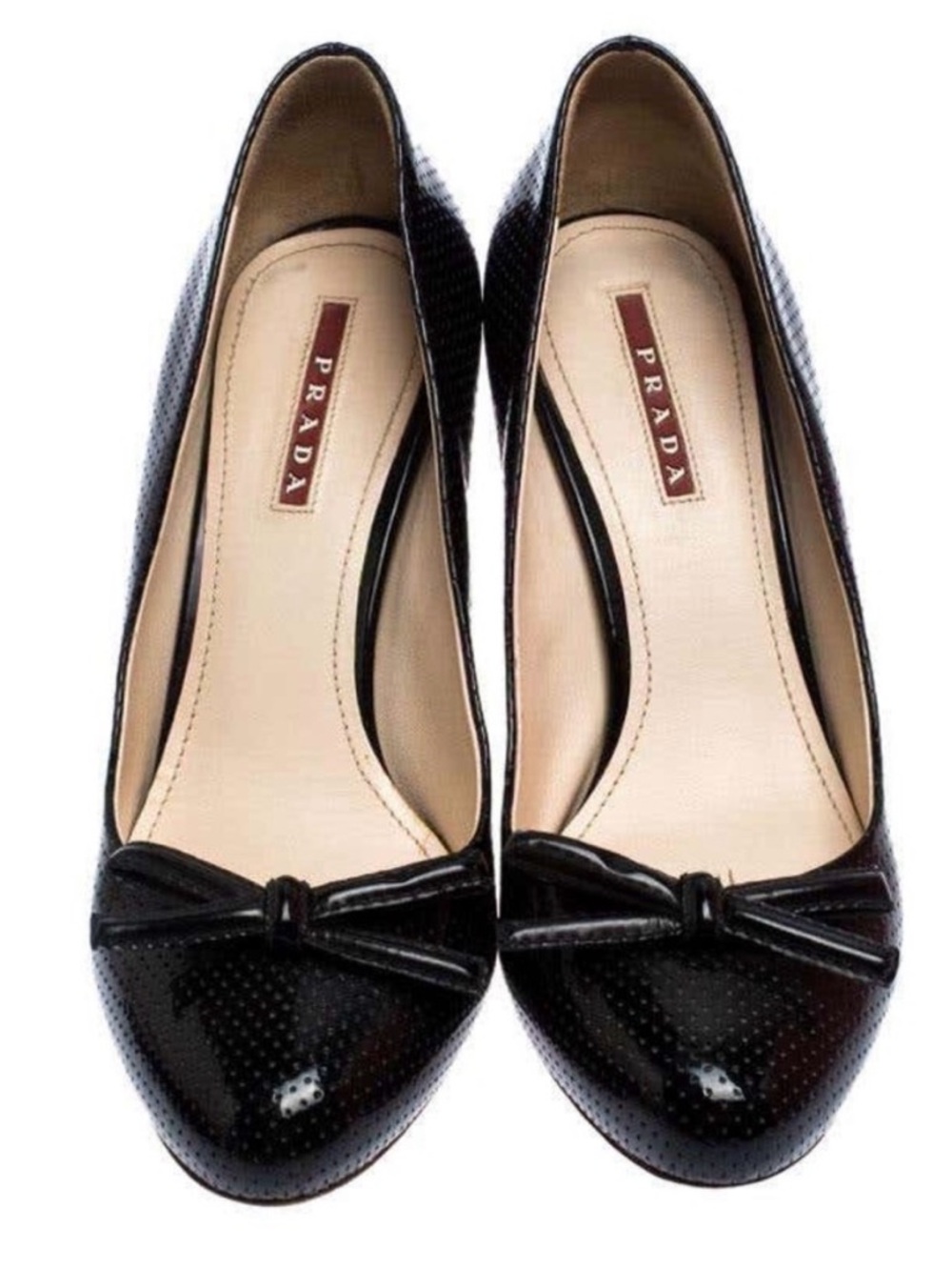 Prada Black Perforated Leather Bow Wooden Heels 38